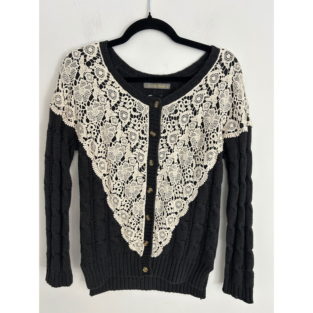 Finn & Clover Grey Cable Knit Cardigan Cream Crochet Lace Overlay Small SW1171‎